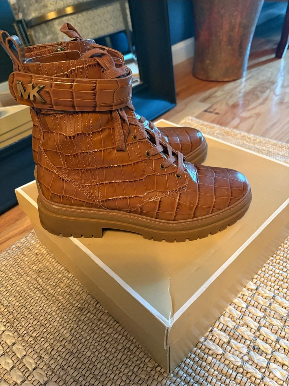 Michael Kors Men's Cognac Croc-Embossed Lace-Up Boots